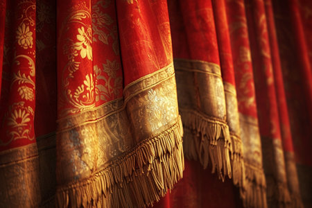 Red golden curtain closeup, abstract background. Theater dayの素材