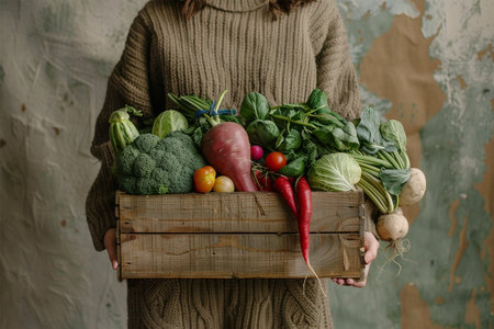 Young woman holding wooden box full of green vegetables, plants on backgroundの素材