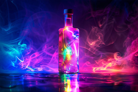 Bottle of multicolored neon lights with rainbow background, copy spaceの素材