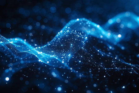 Abstract background with neon light dots connected in organic shaped networkの素材