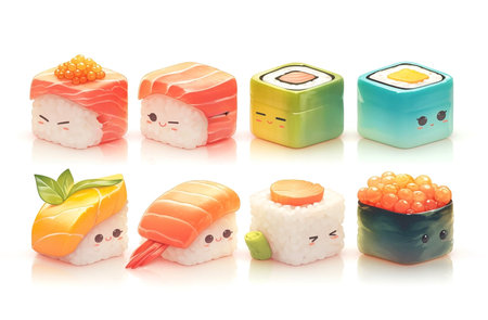 Kawaii drawing of sushi with eyes in pastel colors, food illustrationの素材