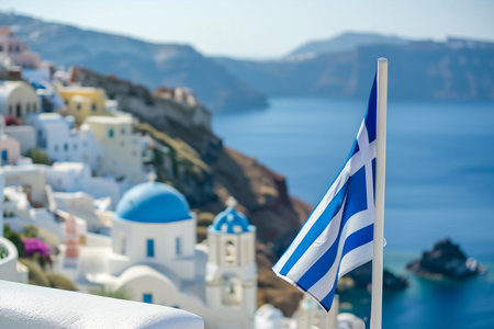 Greece Independence Day, Santorini island with national flag waving in sky. March 25thの素材