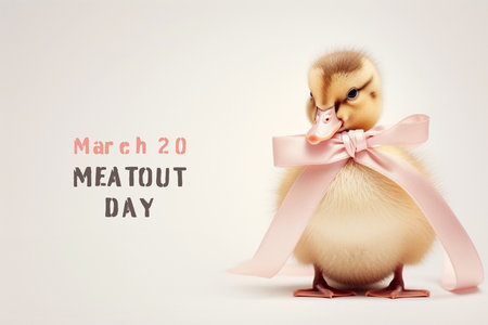 Cute duckling baby with bow on white background, International day without meatの素材