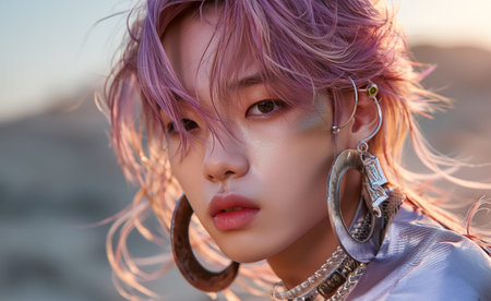 Pink haired Korean young man with huge metallic earrings, fashion photographyの素材