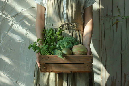 Young woman holding wooden box full of green vegetables, plants on backgroundの素材