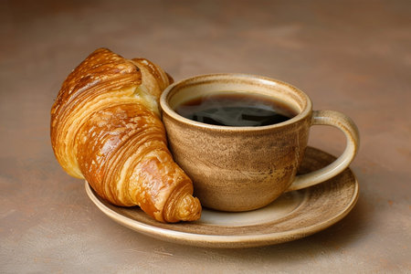 Retro coffee cup with croissant on vintage background with copy spaceの素材