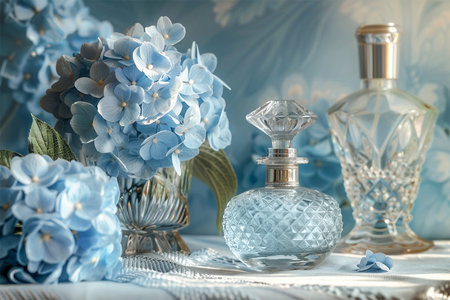 Perfume bottle with blue hortensia flowers, garden and plantsの素材