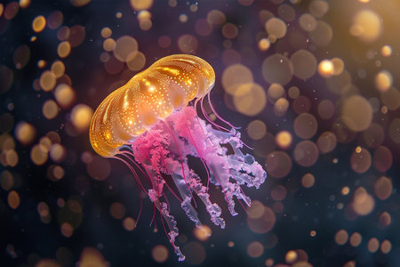 Yellow pink neon jellyfishes in underwater space, glow in the darkの素材