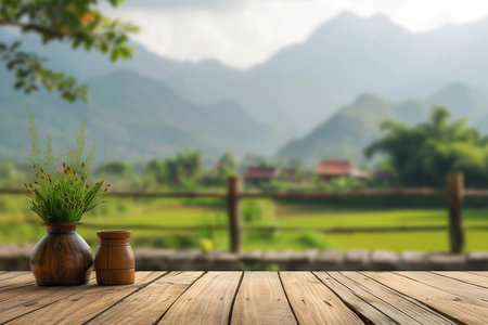 Weathered wooden product display, Asian highlands on backgroundの素材