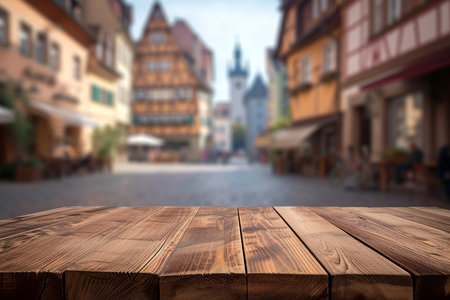Weathered wooden product display, German european old town on backgroundの素材