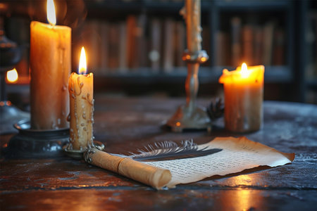 Quill and vintage writing table with lit candles, World Poetry Dayの素材