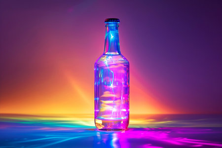 Bottle of multicolored neon lights with rainbow background, copy spaceの素材