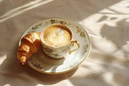 Retro coffee cup with croissant on vintage background with copy spaceの素材