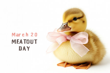 Cute duckling baby with bow on white background, International day without meatの素材