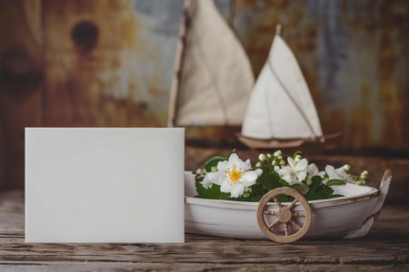 Empty blank note with toy wooden sailing boat and steering wheel on weathered rustic backgroundの素材