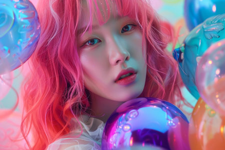 Fantasy fashion asian model with balloons. Pink hair girlの素材