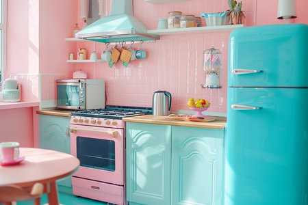 Retro toy kitchen in pastel cute colors, shabby chic vintage styleの素材