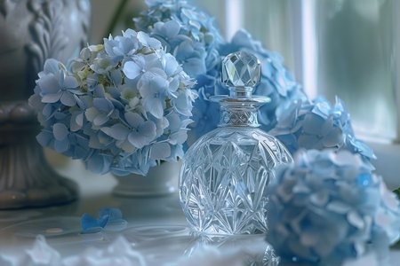 Perfume bottle with blue hortensia flowers, garden and plantsの素材