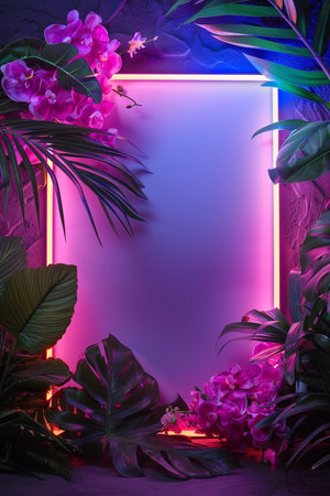 Frame mockup with tropical leaves foliage and flowers arrangement, nature backdrop with copyspace on black backgroundの素材