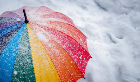 Rainbow umbrella under heavy snow in winter park. World meteorological dayの素材