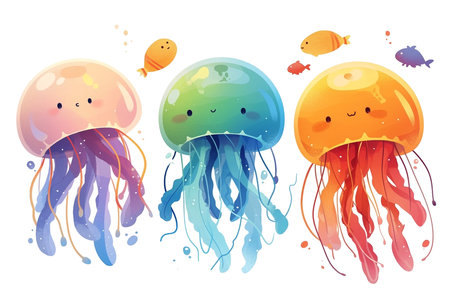 Yellow pink neon jellyfishes isolated on white, kawaii watercolor drawingの素材