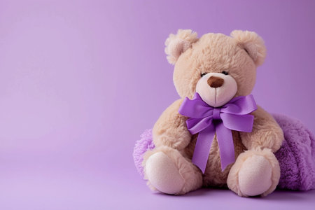 Teddy bear with purple ribbon. Epilepsy awareness day, copy spaceの素材