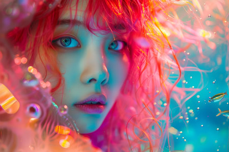 Fantasy fashion asian model underwater. Pink hair mermaidの素材