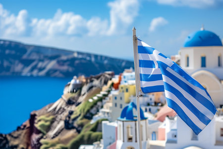 Greece Independence Day, Santorini island with national flag waving in sky. March 25thの素材
