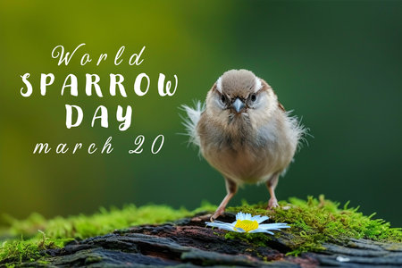 Cute sparrow bird in spring garden, World Sparrow Dayの素材