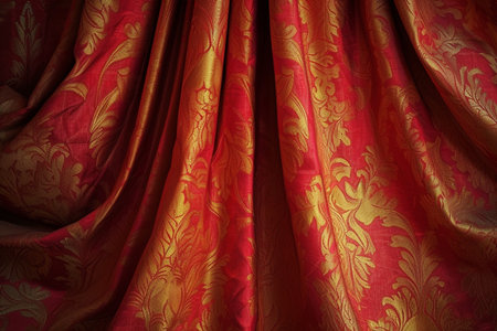 Red golden curtain closeup, abstract background. Theater dayの素材