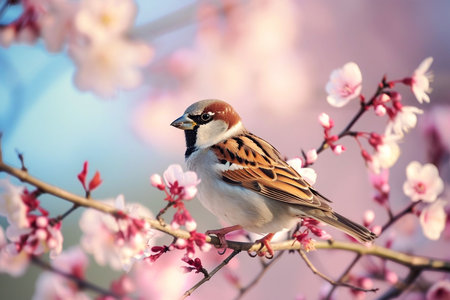 Cute sparrow bird in spring garden, World Sparrow Dayの素材
