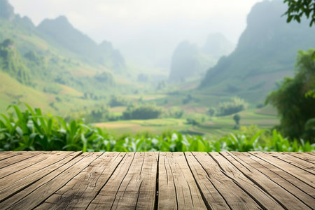 Weathered wooden product display, Asian highlands on backgroundの素材