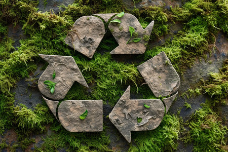 Recycling green symbol, green forest and sunset on background, global recycling dayの素材