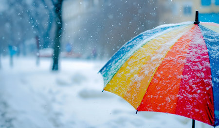 Rainbow umbrella under heavy snow in winter park. World meteorological dayの素材