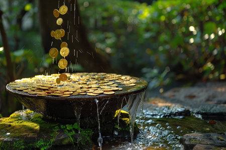 Fountain of gold coins raining havy in parkの素材