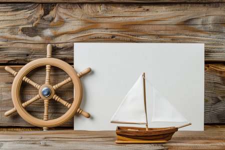 Empty blank note with toy wooden sailing boat and steering wheel on weathered rustic backgroundの素材