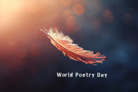 Feather flying on abstract sunlit background, World Poetry Dayの素材