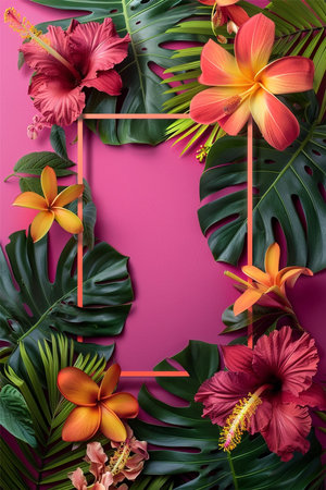 Frame mockup with tropical leaves foliage and flowers arrangement, nature backdrop with copyspace on black backgroundの素材