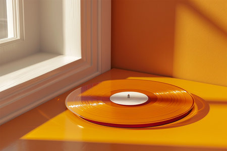 Orange retro vintage vinyl record, mockup in modern interiorの素材
