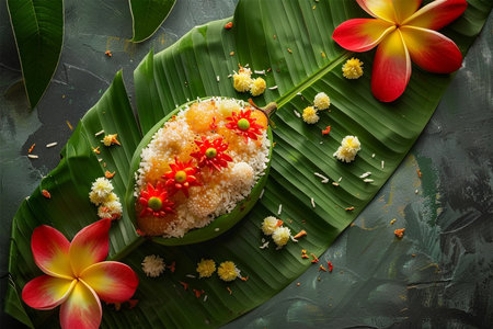 Happy Ugadi greeting card with mango leaf and rice, Indian New Year festival Gudi Padwaの素材