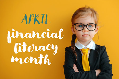 Cute girl in glasses and suit, Financial literacy month conceptの素材