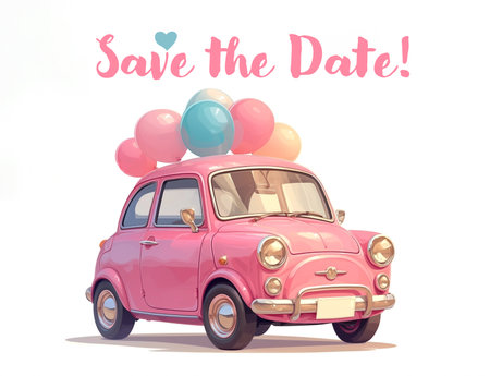 Cute cartoon pink retro car with balloons, greeting card for birthday or save the date celebrationの素材