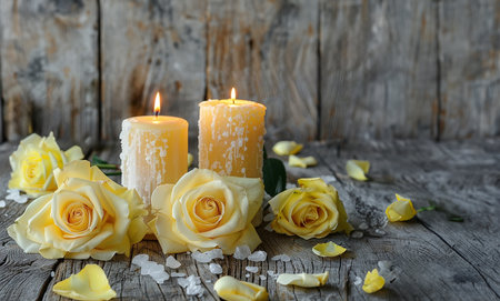 Yelow roses with lit candle and pebbles on white wooden table, Scandinavian style interior with copy spaceの素材