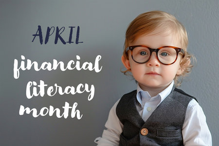 Cute boy in glasses and suit, Financial literacy month conceptの素材
