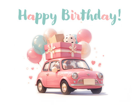 Cute cartoon pink retro car with balloons, greeting card for birthday or save the date celebrationの素材