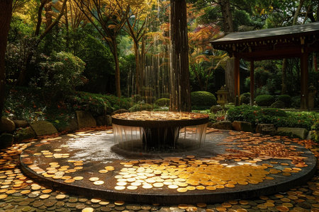 Fountain of gold coins raining havy in parkの素材