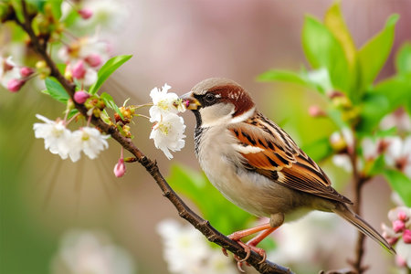 Cute sparrow bird in spring garden, World Sparrow Dayの素材