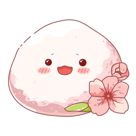 Cute kawaii mochi with sakura flowers. Japanese traditional confectionery. Vector illustration for t-shirt print, sticker, greeting card, menu designのイラスト素材