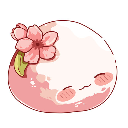 Cute kawaii mochi with sakura flowers. Japanese traditional confectionery. Vector illustration for t-shirt print, sticker, greeting card, menu designのイラスト素材
