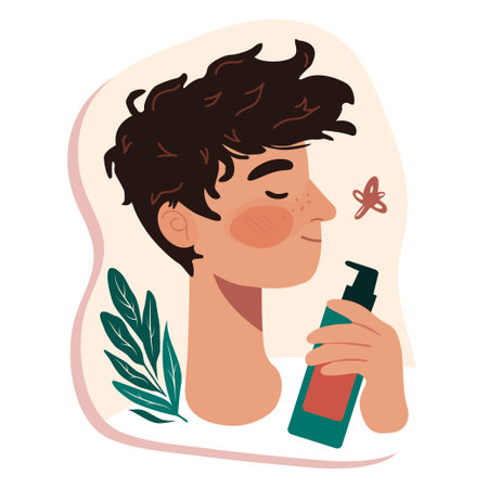 Young man using cosmetic products for facial skin. Facial Cleaning, Moisturizing and After Shave Care. Vector Illustrationのイラスト素材